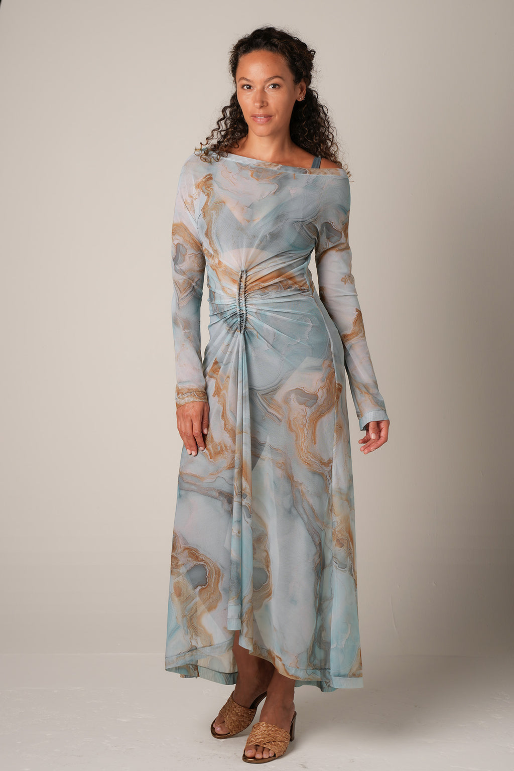 marble maxi dress Mesh Long style_Knitted Finished with a pullover Color:Beoge Dress Belt 1.25-inch Black