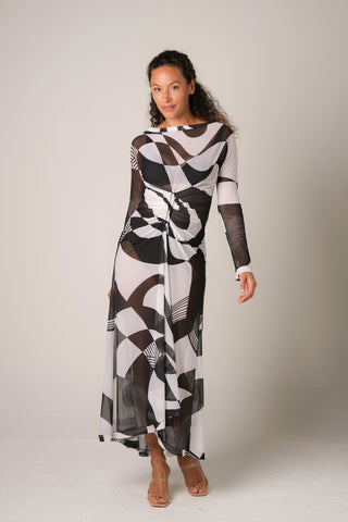 Mesh Long Dress - Black Geo