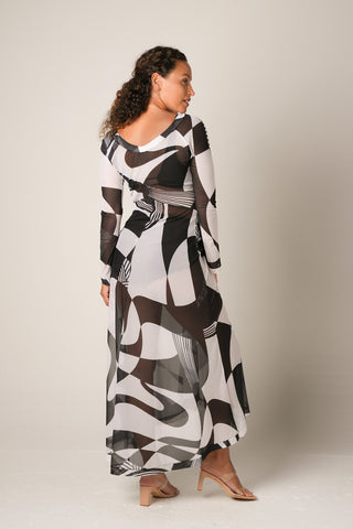 Mesh Long Dress - Black Geo
