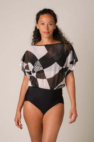 Mesh Top One Piece - Black Geo