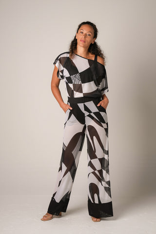 Printed Mesh Palazzo Pant - Black Geo