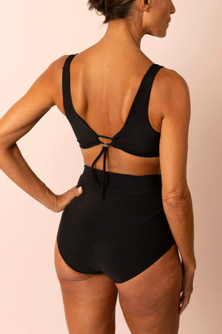 Black bikini set on a model against a neutral background